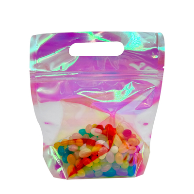 購入 カスタムピンク放射性ホログラフィックカラー 食品アクセサリーパッケージング用のジッパーとハンドルホール付きスタンドアップバッグ online manufacture